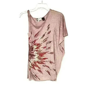 Miss Me Womens One Sleeve Flutter Sequin Sunburst Scoop Neck Top Blouse Sz Small